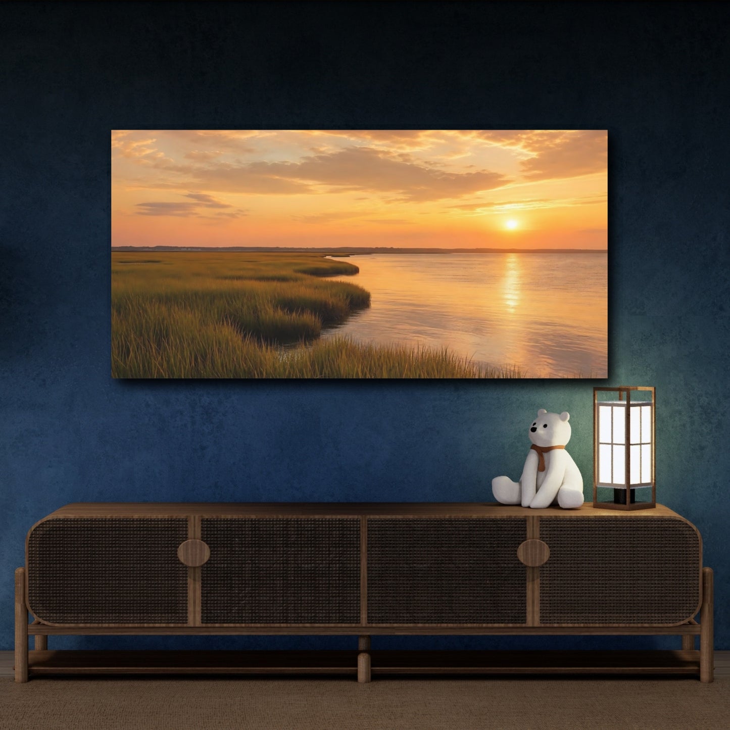 Mockup 4. Nature Marsh Sunset Golden Marshland shown as stretched canvas wall art