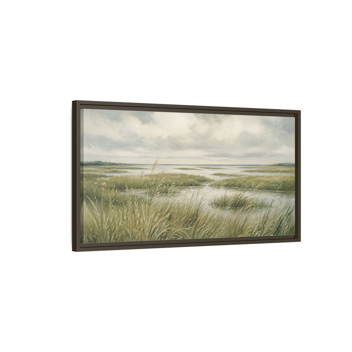 Main Mockup. Nature Marshland Green And Grey shown as stretched canvas wall art