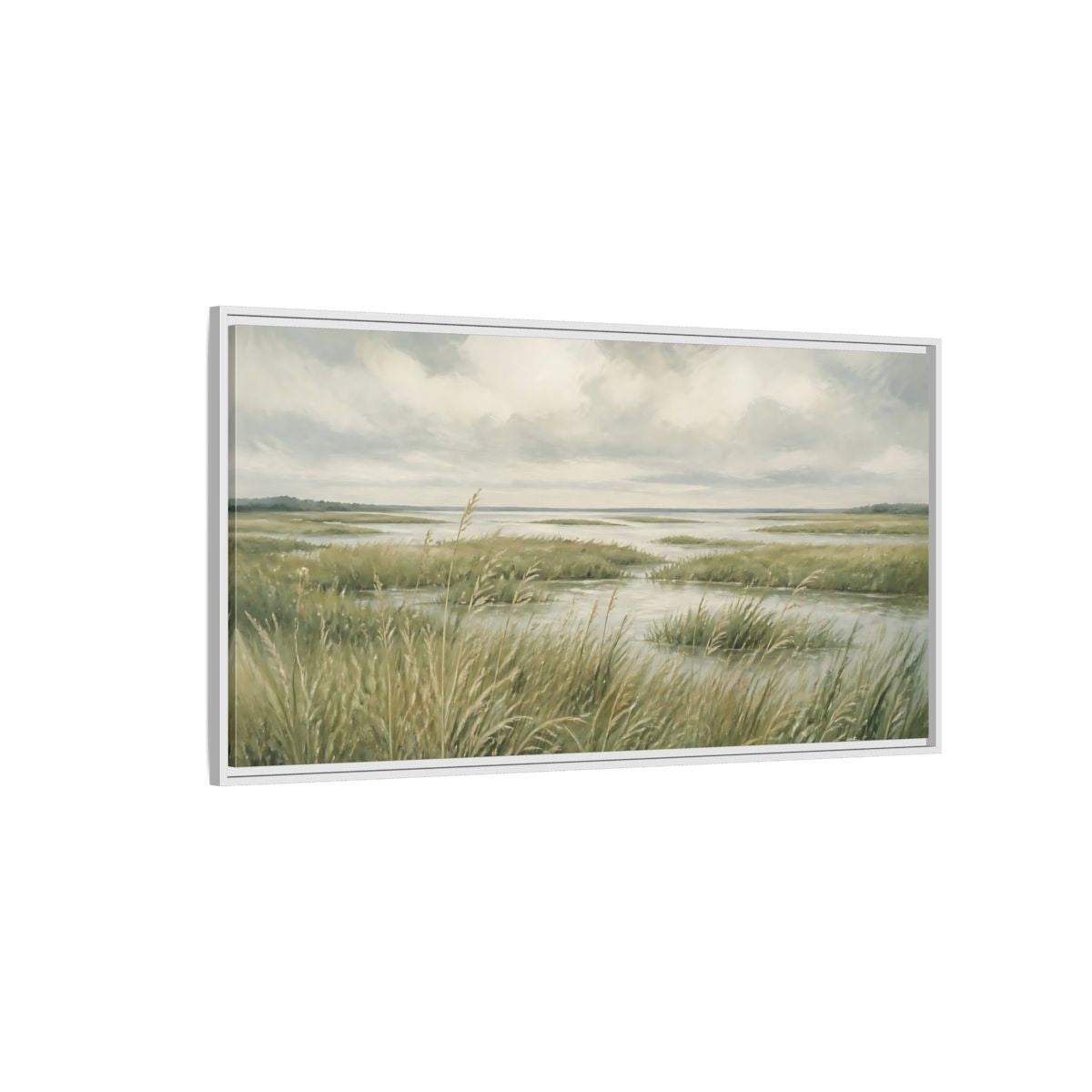 Side Mockup 3. Nature Marshland Green And Grey shown as stretched canvas wall art