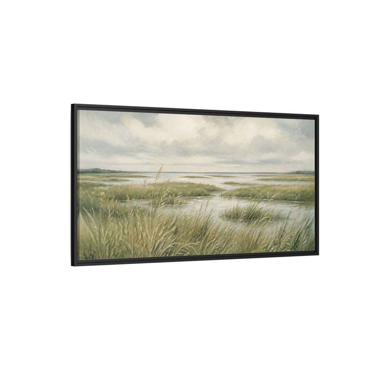 Side Mockup 5. Nature Marshland Green And Grey shown as stretched canvas wall art