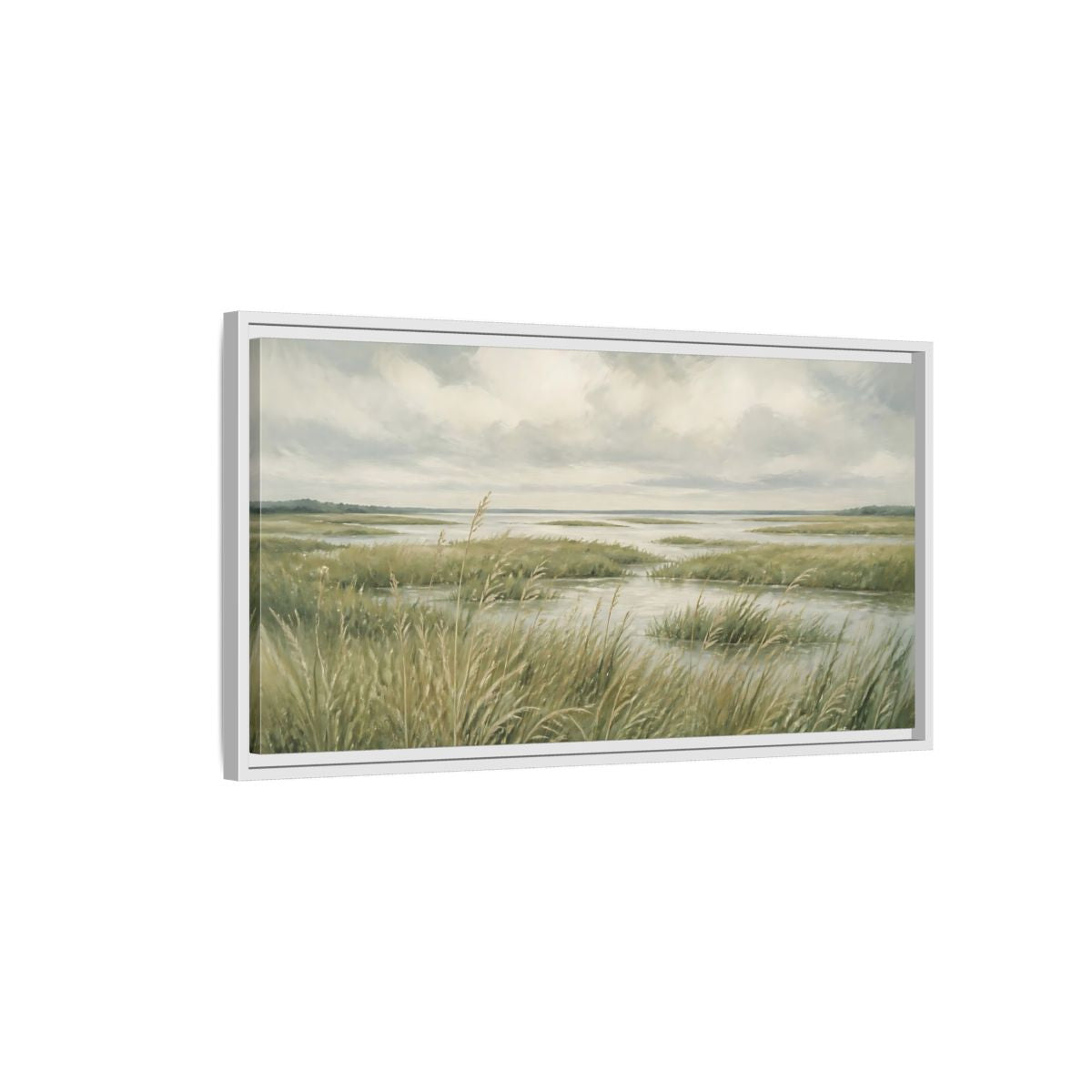 Side Mockup 1. Nature Marshland Green And Grey shown as stretched canvas wall art
