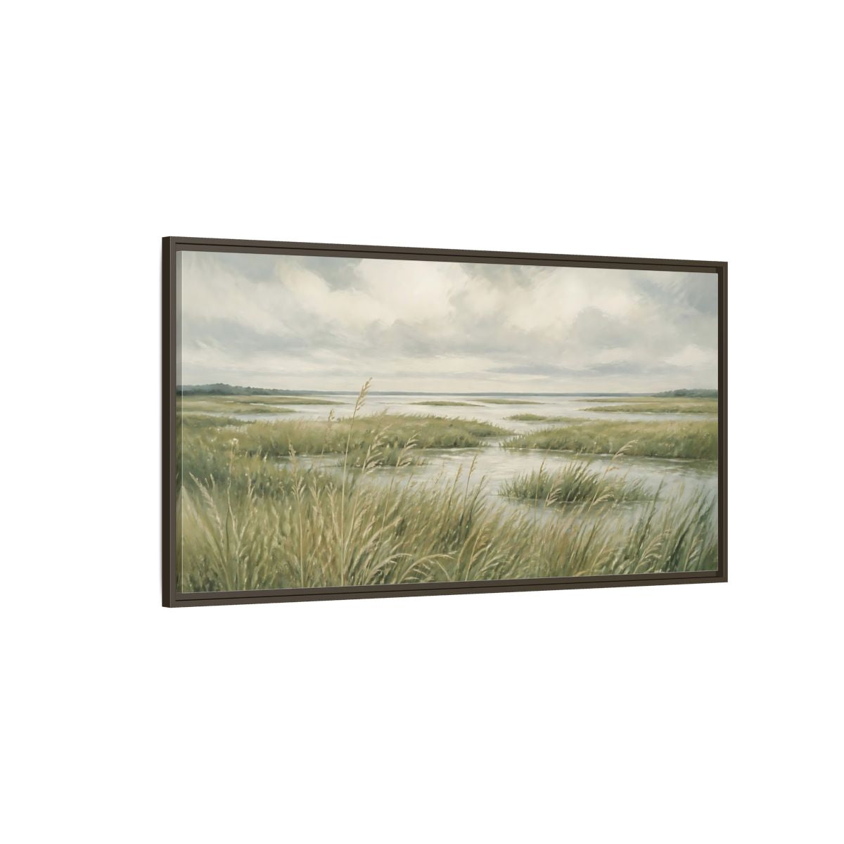 Side Mockup 4. Nature Marshland Green And Grey shown as stretched canvas wall art