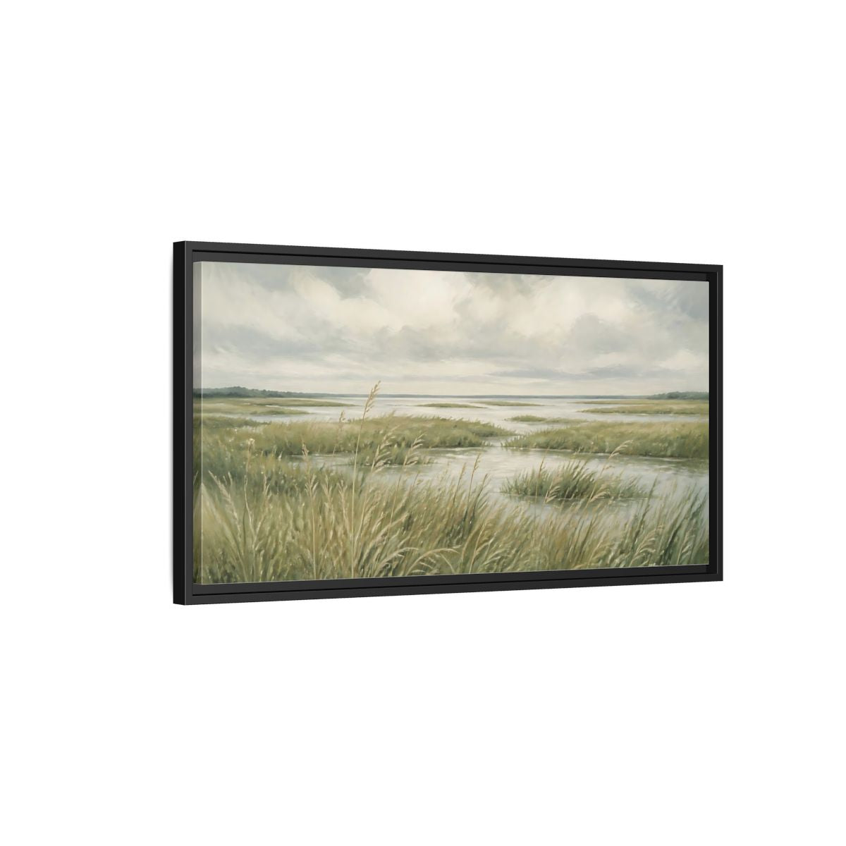 Side Mockup 2. Nature Marshland Green And Grey shown as stretched canvas wall art