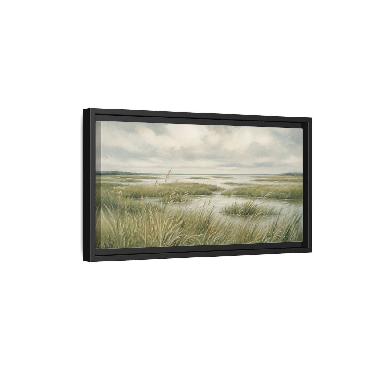 Side Mockup 8. Nature Marshland Green And Grey shown as stretched canvas wall art
