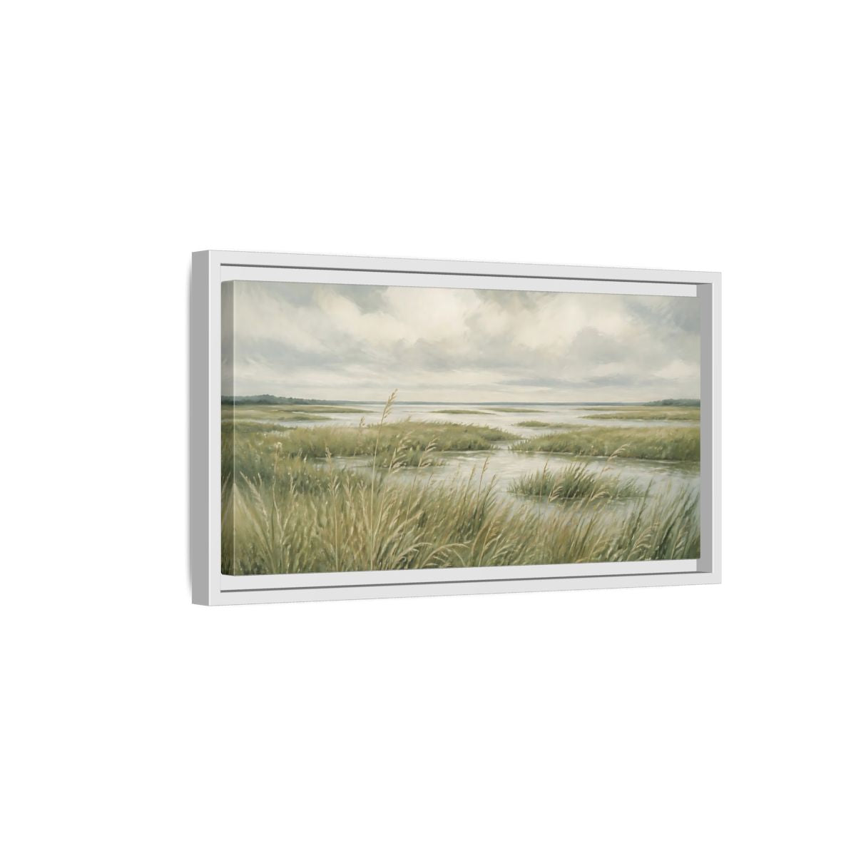 Side Mockup 6. Nature Marshland Green And Grey shown as stretched canvas wall art