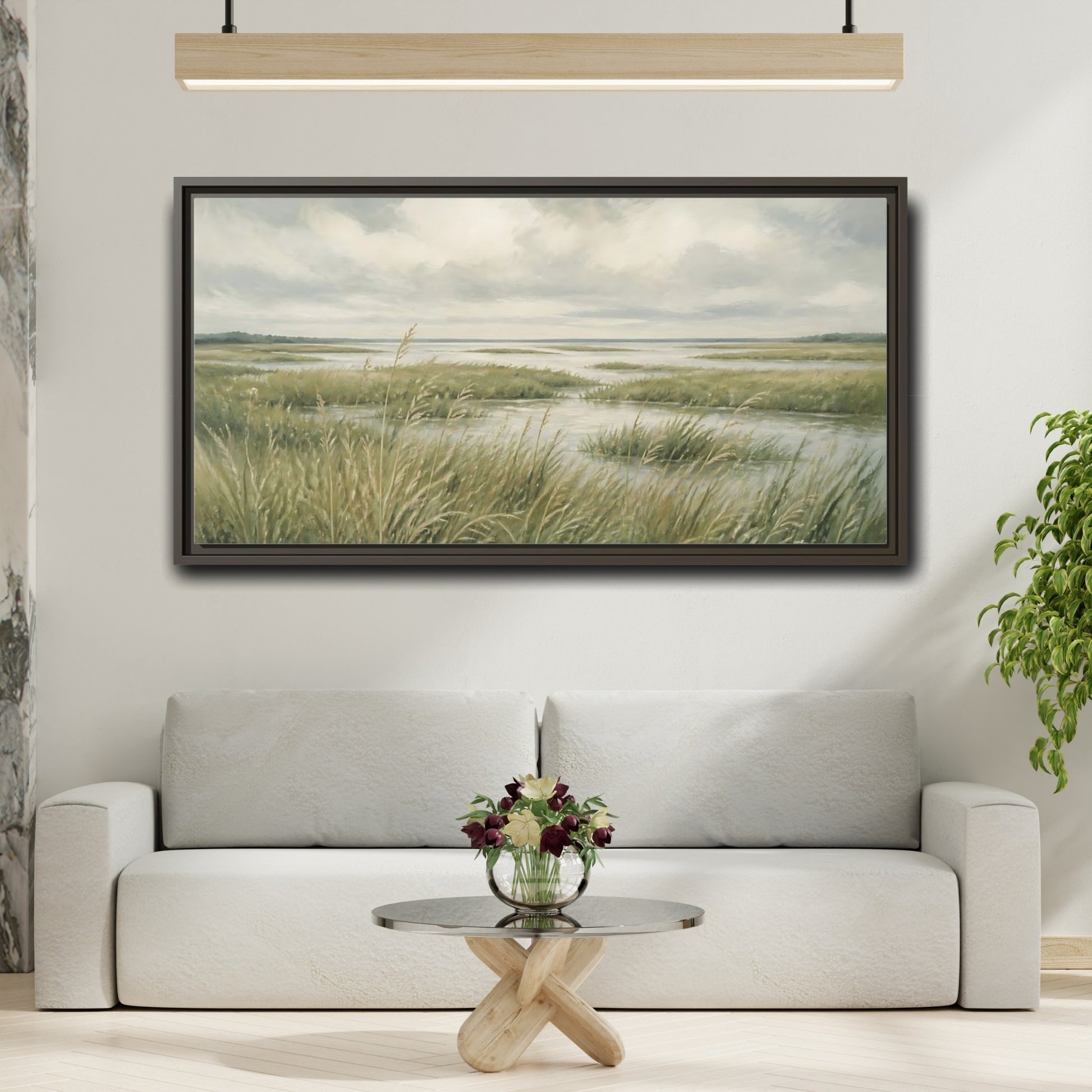 Mockup 2. Nature Marshland Green And Grey shown as stretched canvas wall art