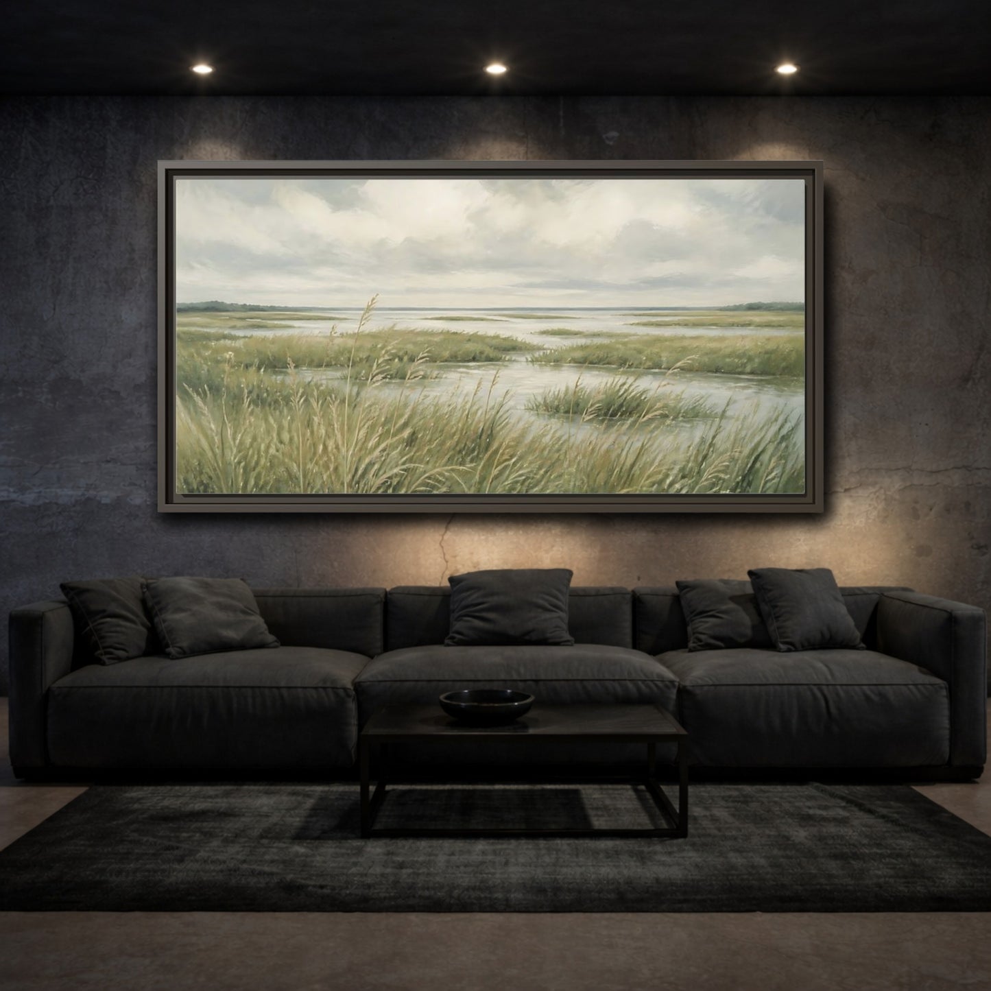 Mockup 3. Nature Marshland Green And Grey shown as stretched canvas wall art