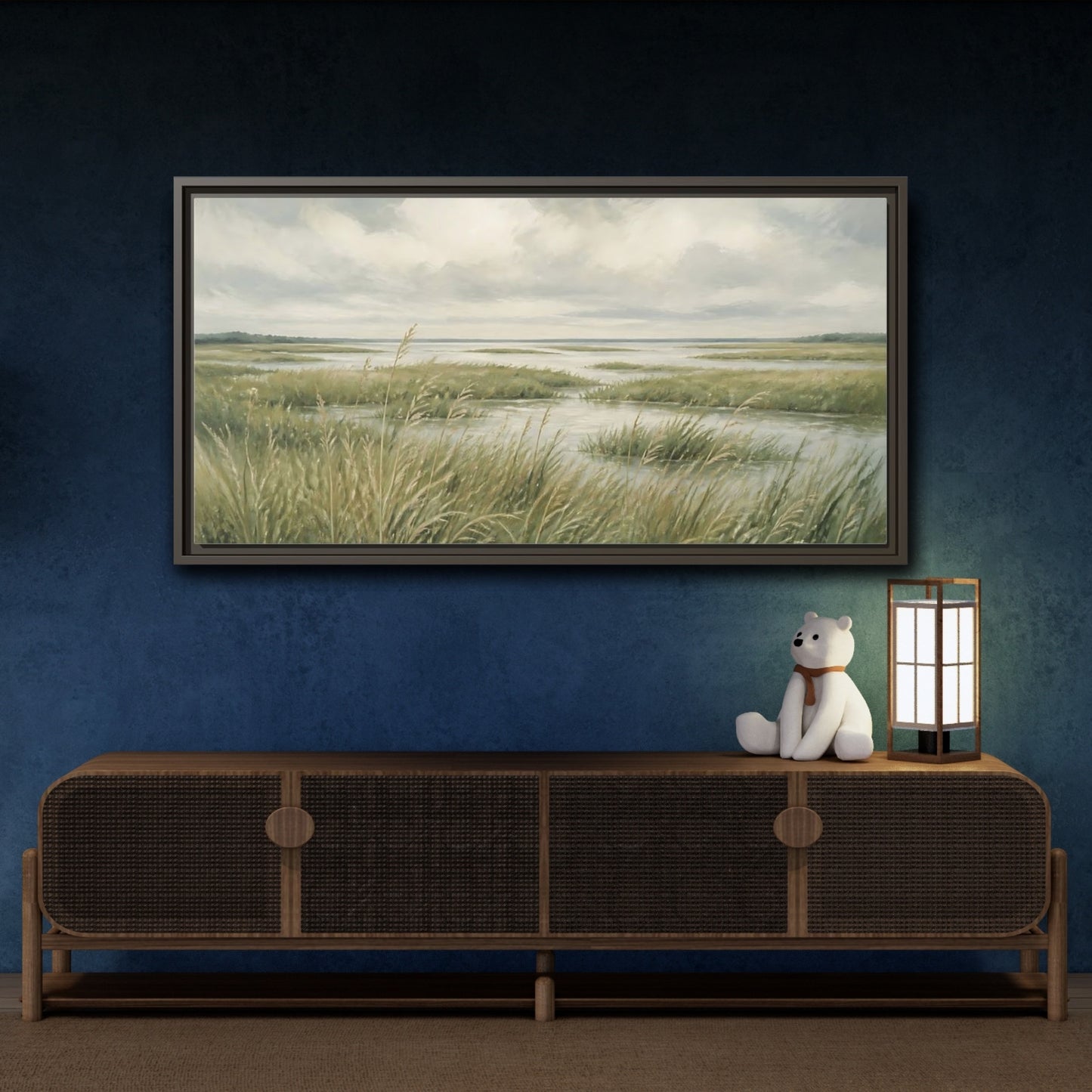 Mockup 4. Nature Marshland Green And Grey shown as stretched canvas wall art