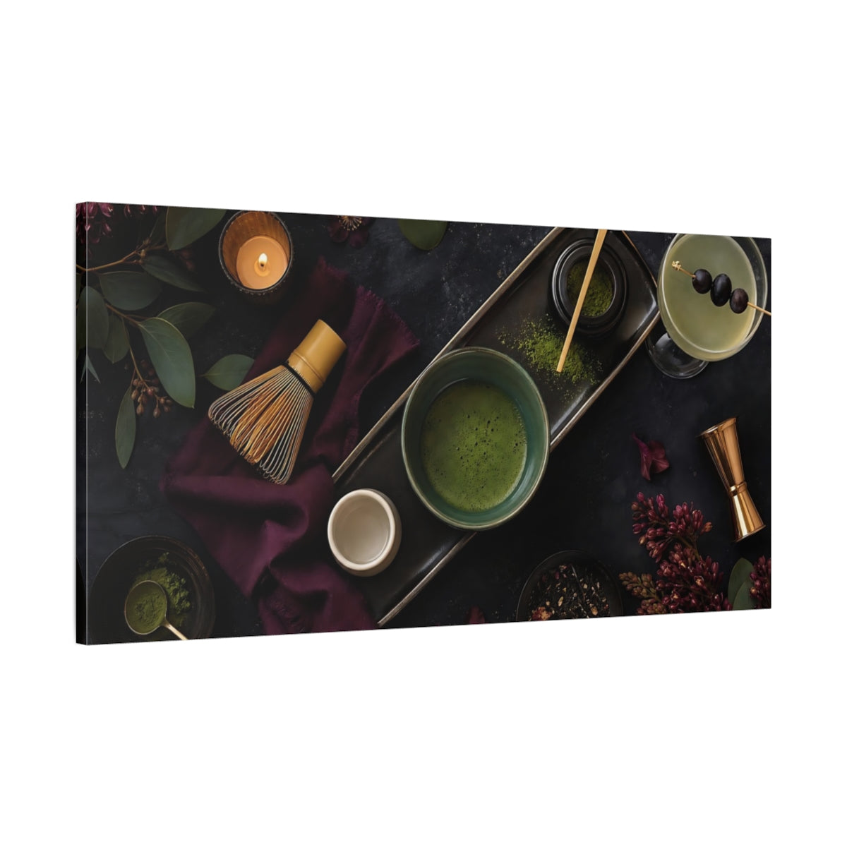 Main Mockup. Nature Matcha Tea Matcha Green And Purple shown as canvas print