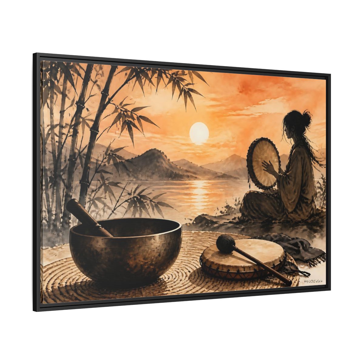 Side Mockup 12. Nature Meditative Scene Orange Sunset Landscape shown as framed canvas print