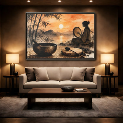 Mockup 2. Nature Meditative Scene Orange Sunset Landscape shown as framed canvas print