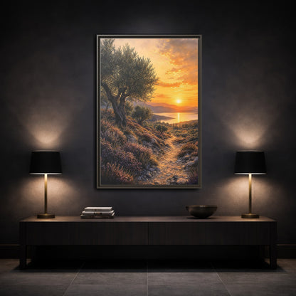 Mockup 3. Nature Mediterranean Landscape Mediterranean Sunset shown as stretched canvas wall art