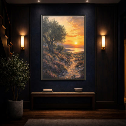 Mockup 4. Nature Mediterranean Landscape Mediterranean Sunset shown as stretched canvas wall art