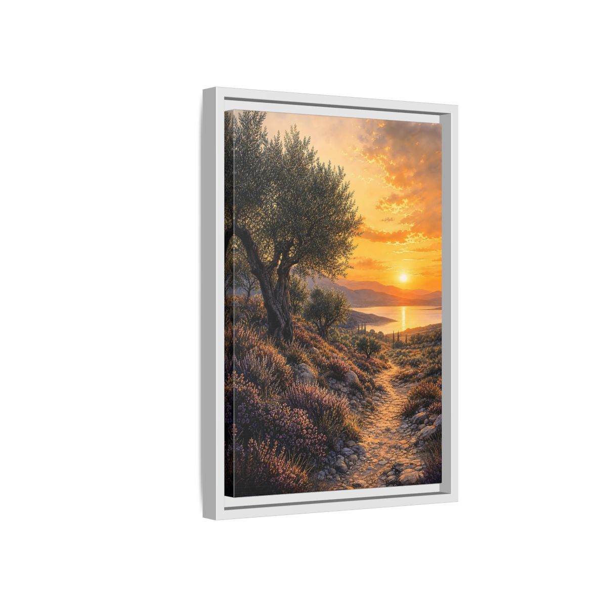 Side Mockup 4. Nature Mediterranean Landscape Mediterranean Sunset shown as stretched canvas wall art