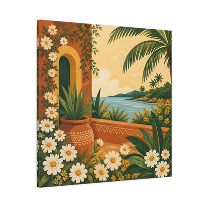 Main Mockup. Nature Mediterranean Landscape Terracotta And Floral shown as stretched canvas wall art