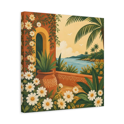 Side Mockup 6. Nature Mediterranean Landscape Terracotta And Floral shown as stretched canvas wall art
