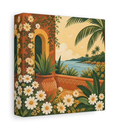 Side Mockup 2. Nature Mediterranean Landscape Terracotta And Floral shown as stretched canvas wall art