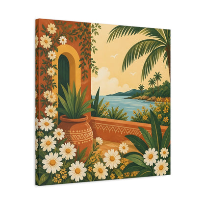 Side Mockup 4. Nature Mediterranean Landscape Terracotta And Floral shown as stretched canvas wall art