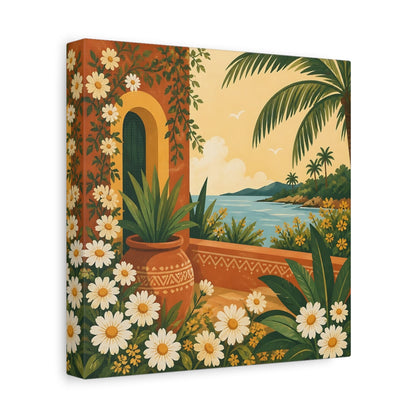 Side Mockup 9. Nature Mediterranean Landscape Terracotta And Floral shown as stretched canvas wall art