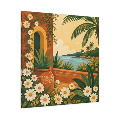 Side Mockup 3. Nature Mediterranean Landscape Terracotta And Floral shown as stretched canvas wall art