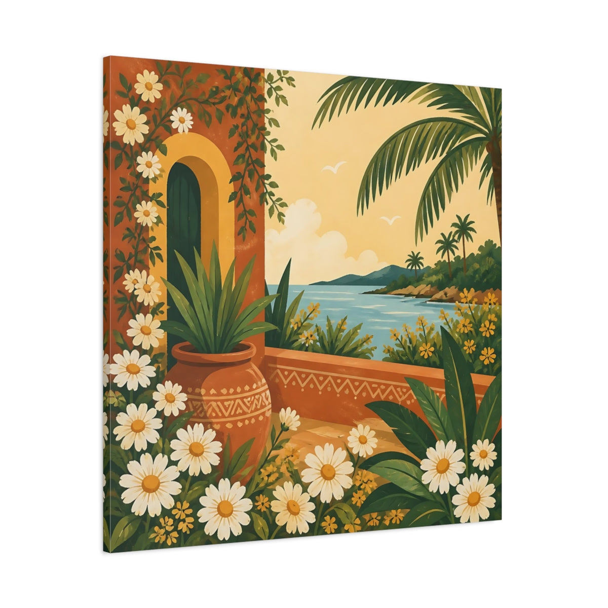 Side Mockup 1. Nature Mediterranean Landscape Terracotta And Floral shown as stretched canvas wall art