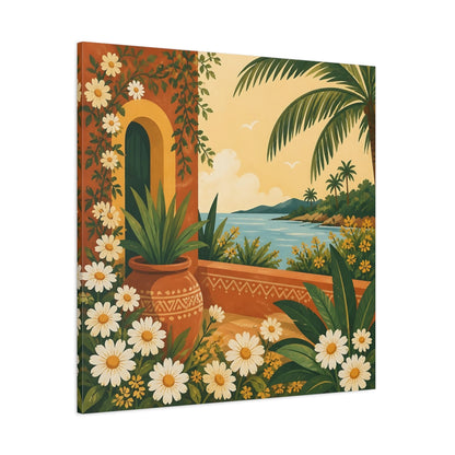 Side Mockup 1. Nature Mediterranean Landscape Terracotta And Floral shown as stretched canvas wall art