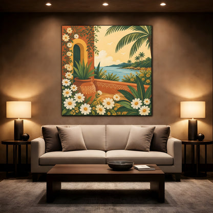 Mockup 2. Nature Mediterranean Landscape Terracotta And Floral shown as stretched canvas wall art