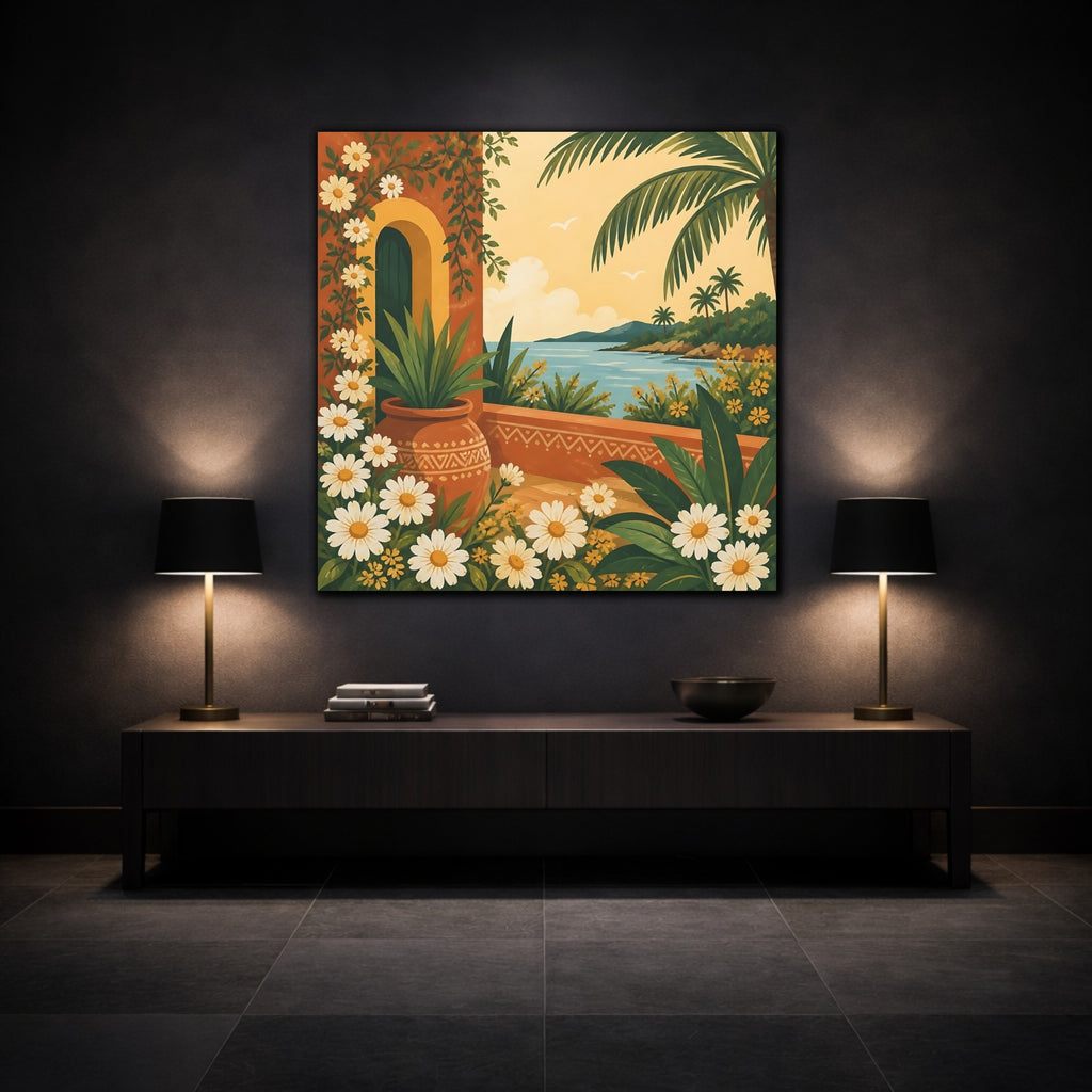 Mockup 3. Nature Mediterranean Landscape Terracotta And Floral shown as stretched canvas wall art