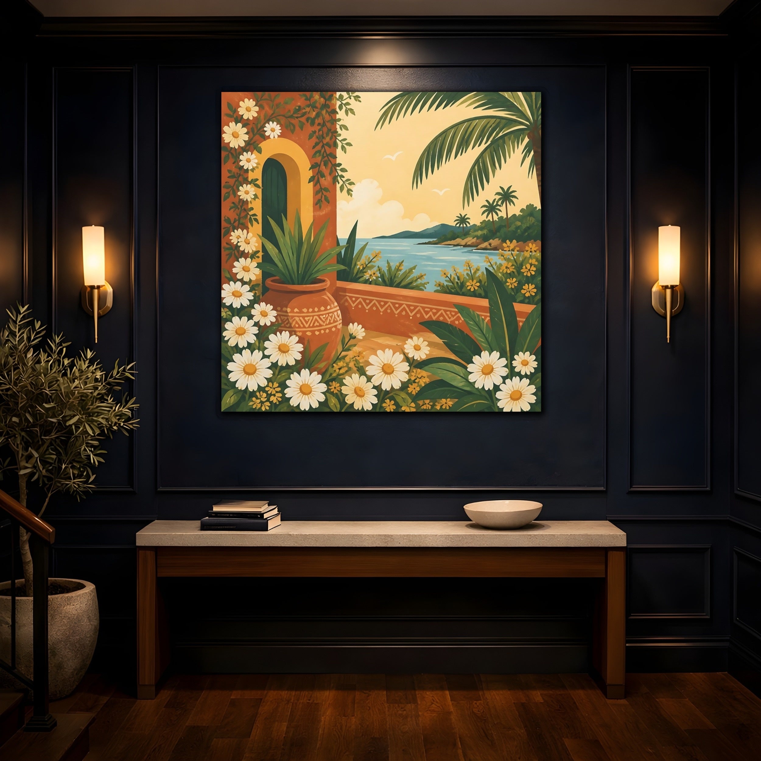 Mockup 4. Nature Mediterranean Landscape Terracotta And Floral shown as stretched canvas wall art