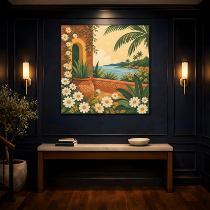 Mockup 4. Nature Mediterranean Landscape Terracotta And Floral shown as stretched canvas wall art