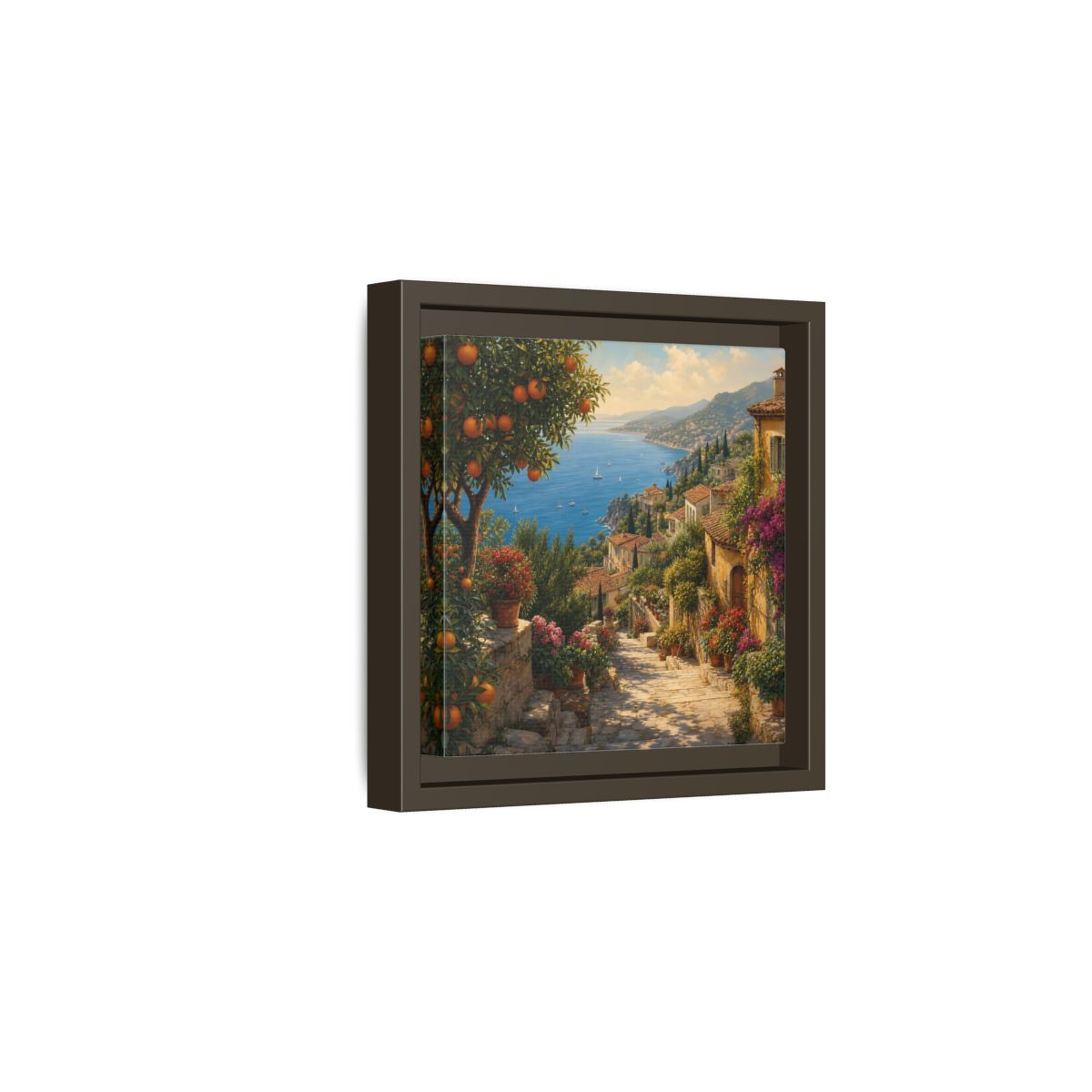 Side Mockup 2. Nature Mediterranean Village Vibrant Coastal Village shown as stretched canvas wall art