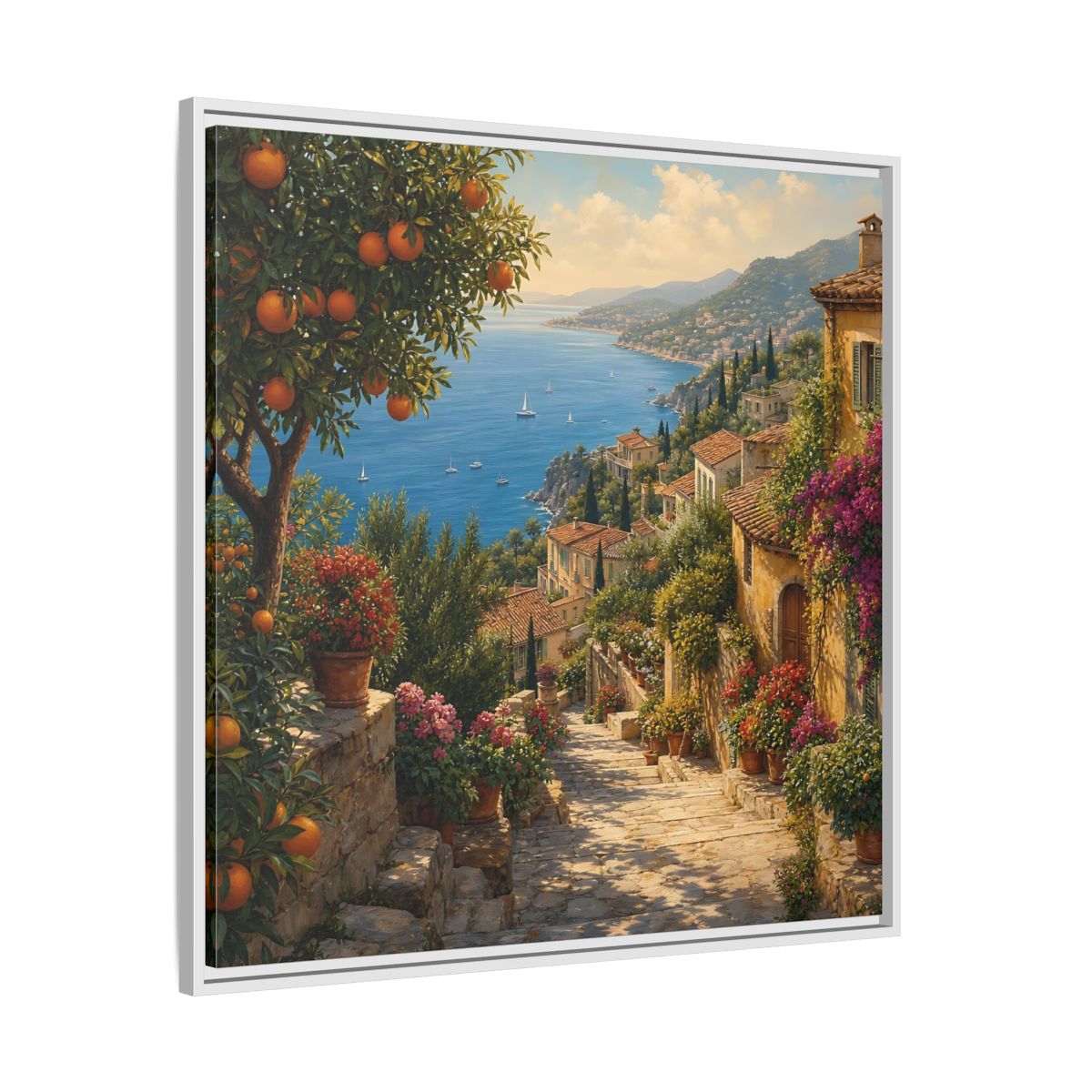 Side Mockup 25. Nature Mediterranean Village Vibrant Coastal Village shown as stretched canvas wall art