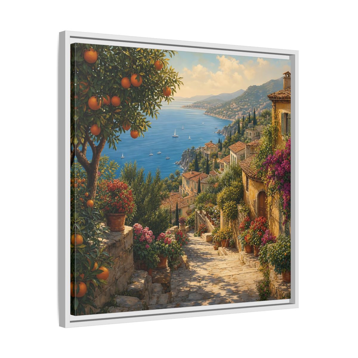 Side Mockup 26. Nature Mediterranean Village Vibrant Coastal Village shown as stretched canvas wall art