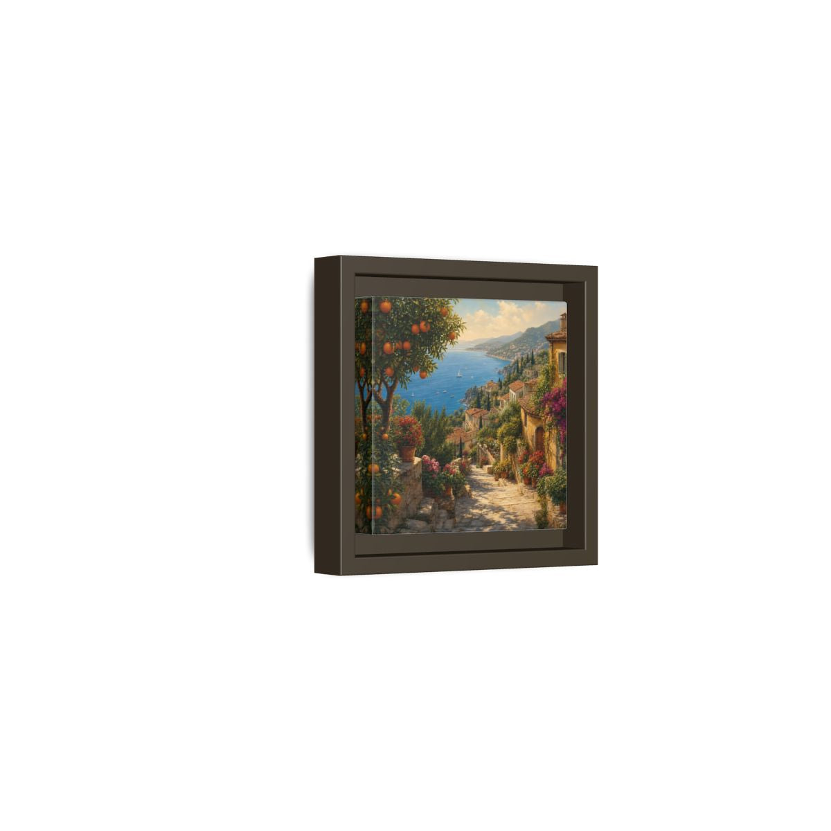 Side Mockup 23. Nature Mediterranean Village Vibrant Coastal Village shown as stretched canvas wall art