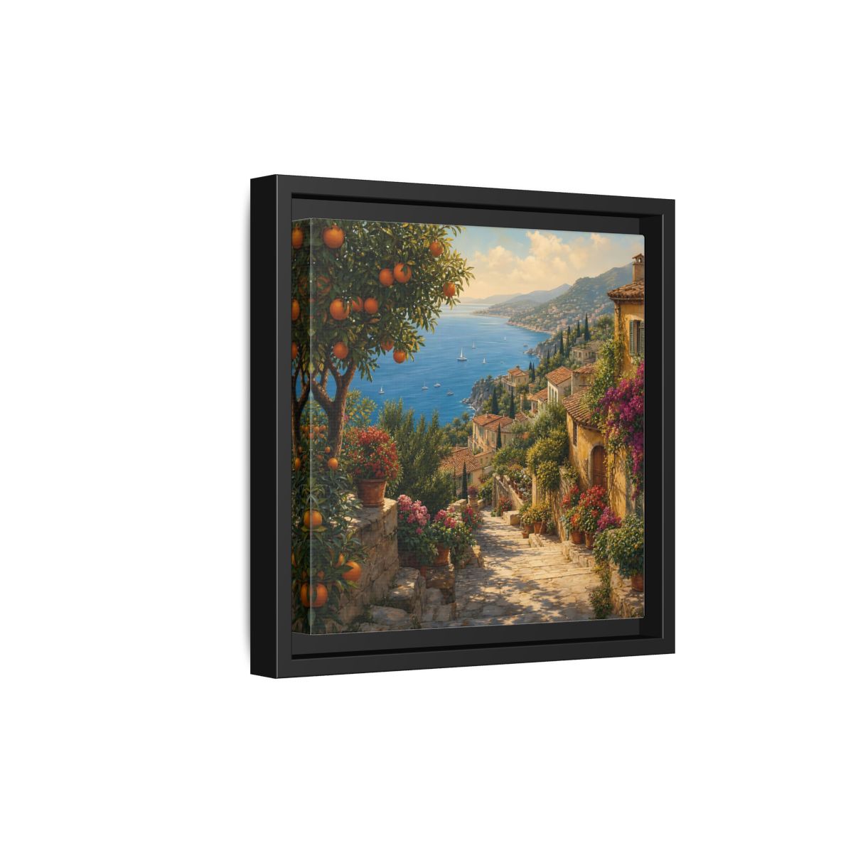 Side Mockup 21. Nature Mediterranean Village Vibrant Coastal Village shown as stretched canvas wall art