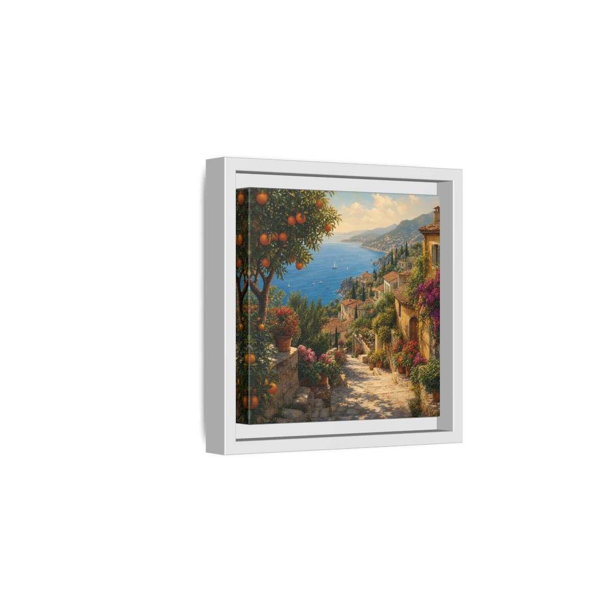 Side Mockup 1. Nature Mediterranean Village Vibrant Coastal Village shown as stretched canvas wall art