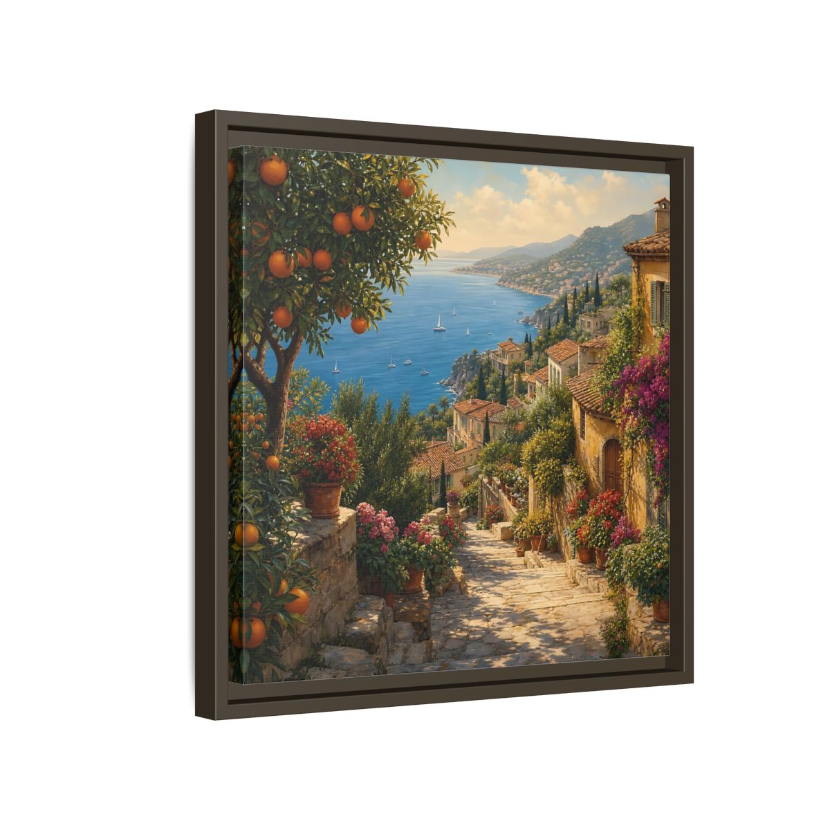 Side Mockup 14. Nature Mediterranean Village Vibrant Coastal Village shown as stretched canvas wall art