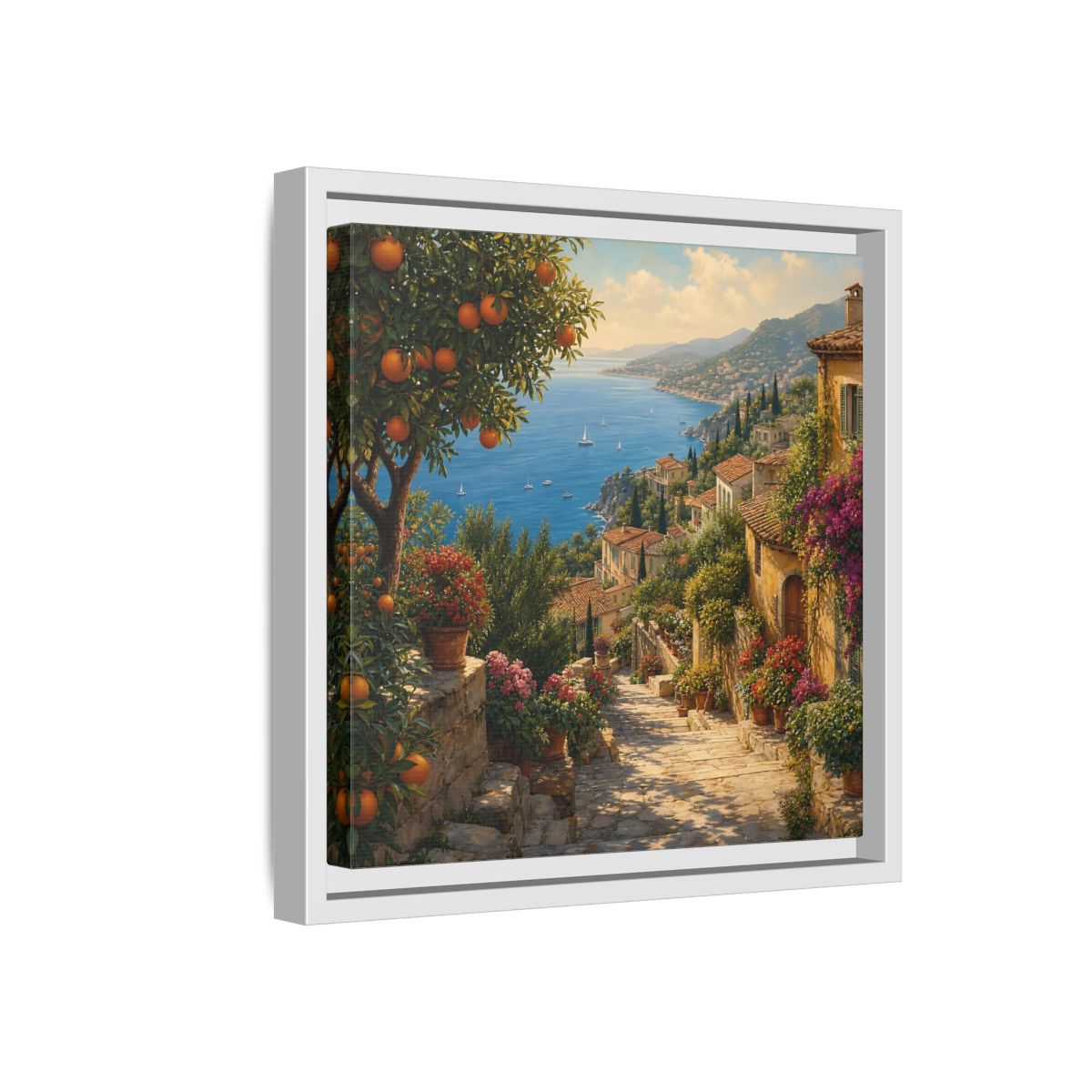Side Mockup 16. Nature Mediterranean Village Vibrant Coastal Village shown as stretched canvas wall art