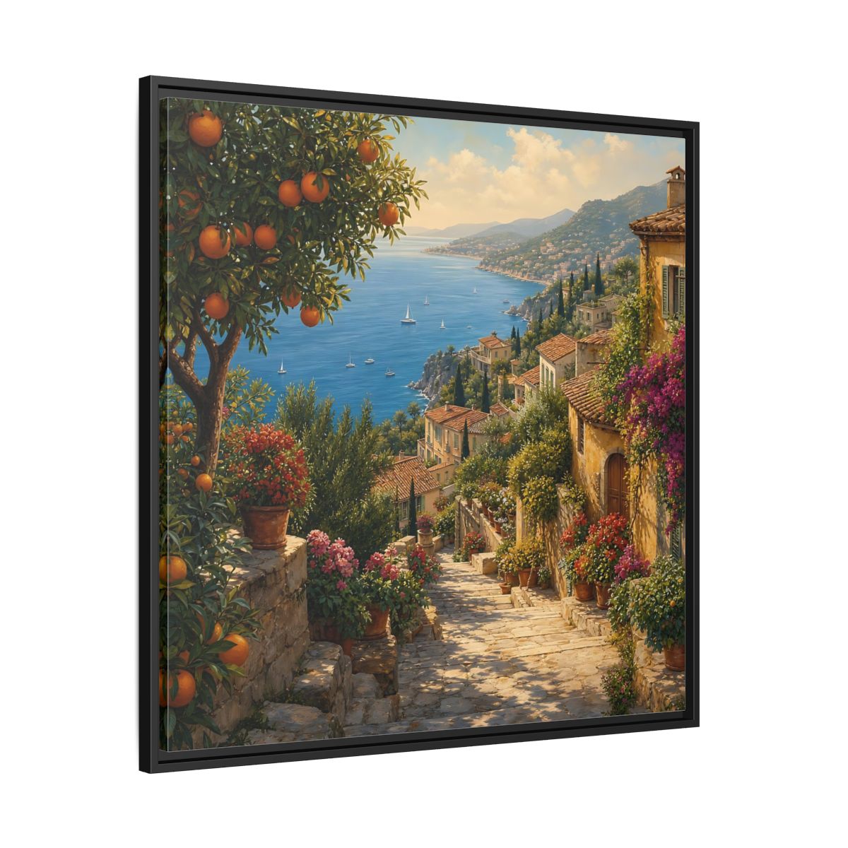 Side Mockup 30. Nature Mediterranean Village Vibrant Coastal Village shown as stretched canvas wall art