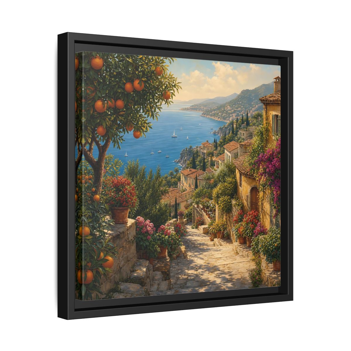 Side Mockup 32. Nature Mediterranean Village Vibrant Coastal Village shown as stretched canvas wall art