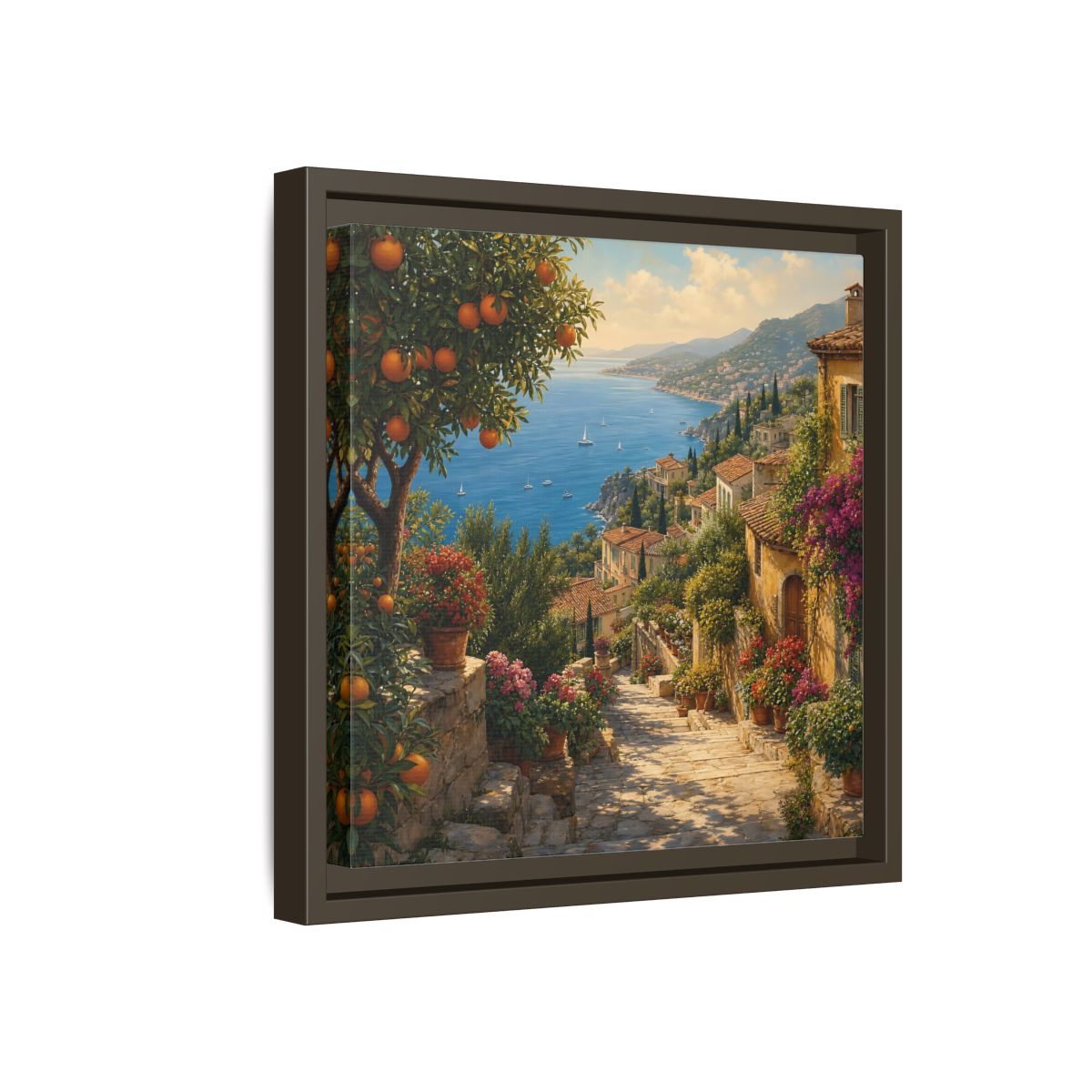 Side Mockup 17. Nature Mediterranean Village Vibrant Coastal Village shown as stretched canvas wall art