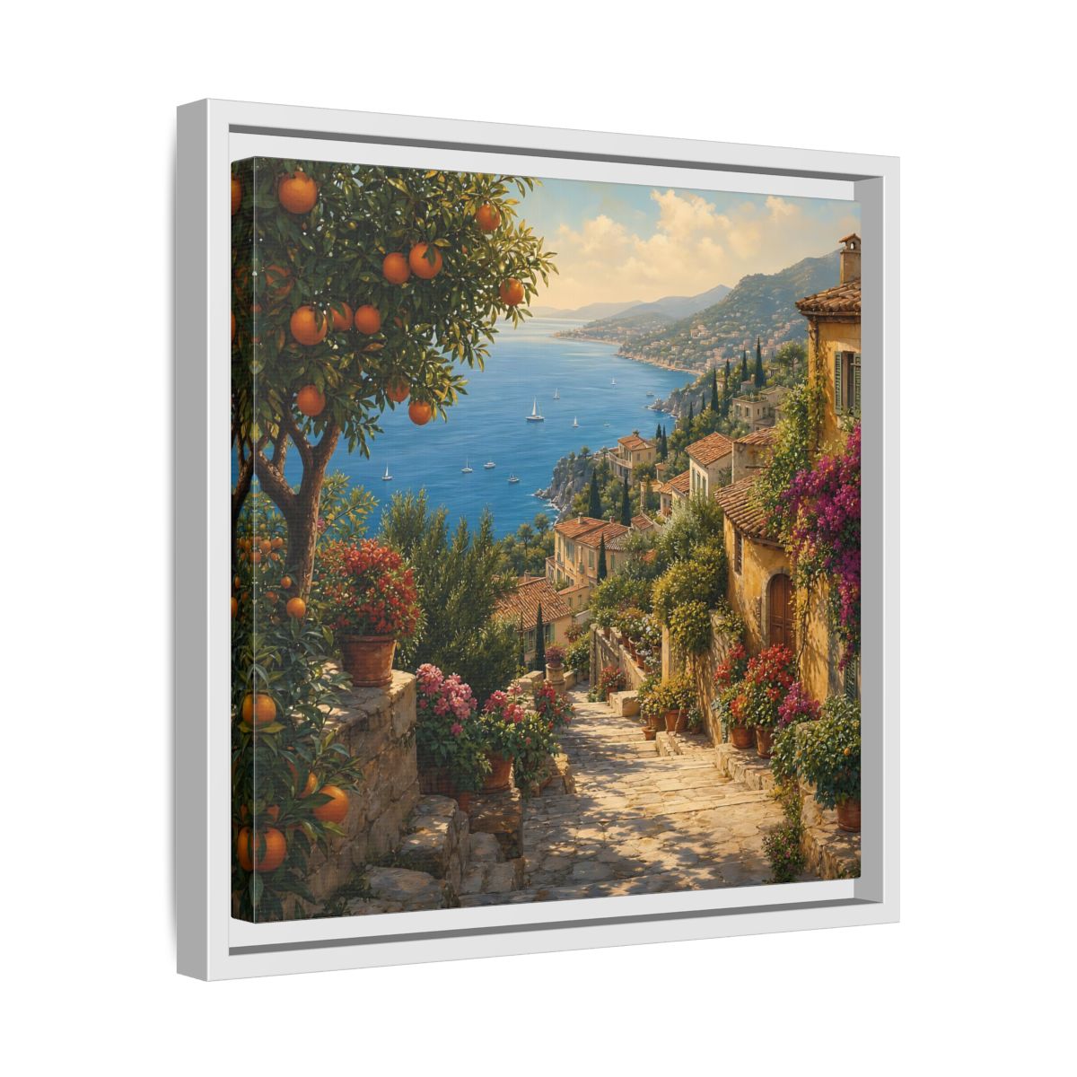 Side Mockup 28. Nature Mediterranean Village Vibrant Coastal Village shown as stretched canvas wall art