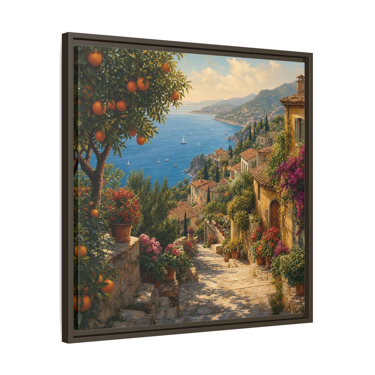 Side Mockup 27. Nature Mediterranean Village Vibrant Coastal Village shown as stretched canvas wall art