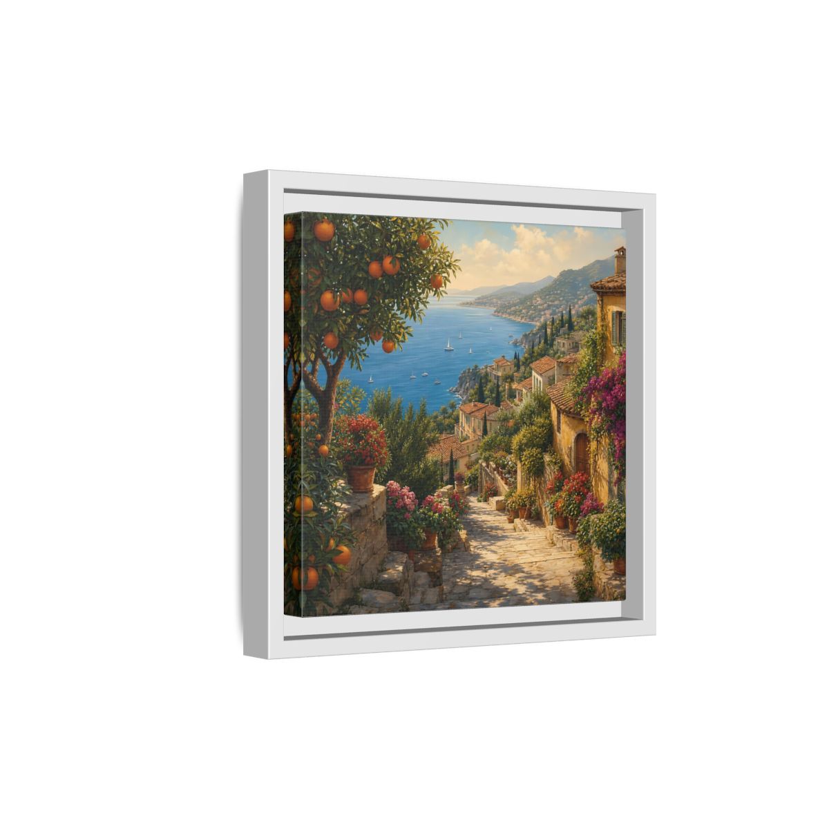 Side Mockup 19. Nature Mediterranean Village Vibrant Coastal Village shown as stretched canvas wall art