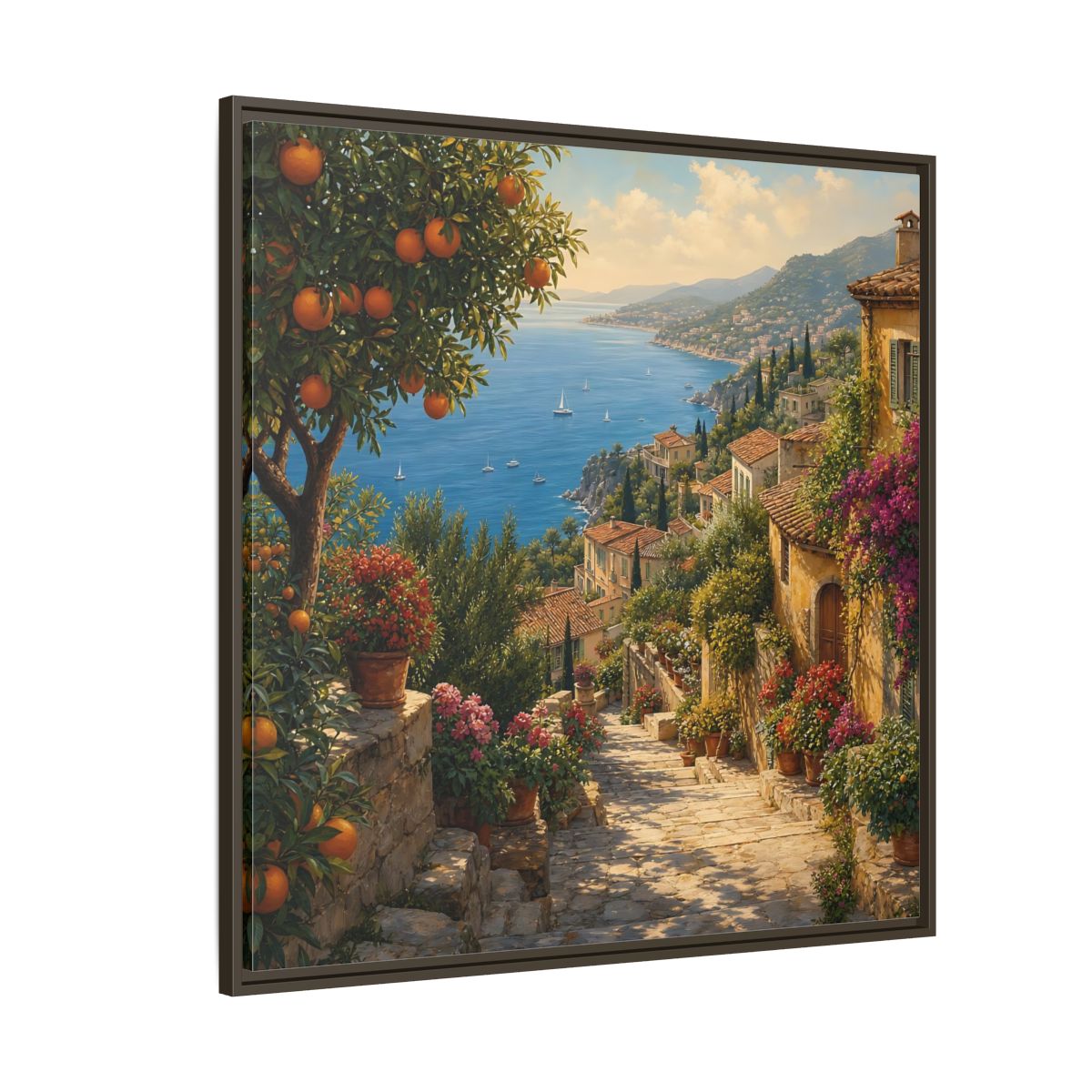Side Mockup 5. Nature Mediterranean Village Vibrant Coastal Village shown as stretched canvas wall art