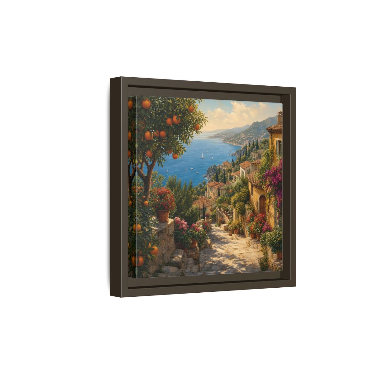 Side Mockup 20. Nature Mediterranean Village Vibrant Coastal Village shown as stretched canvas wall art