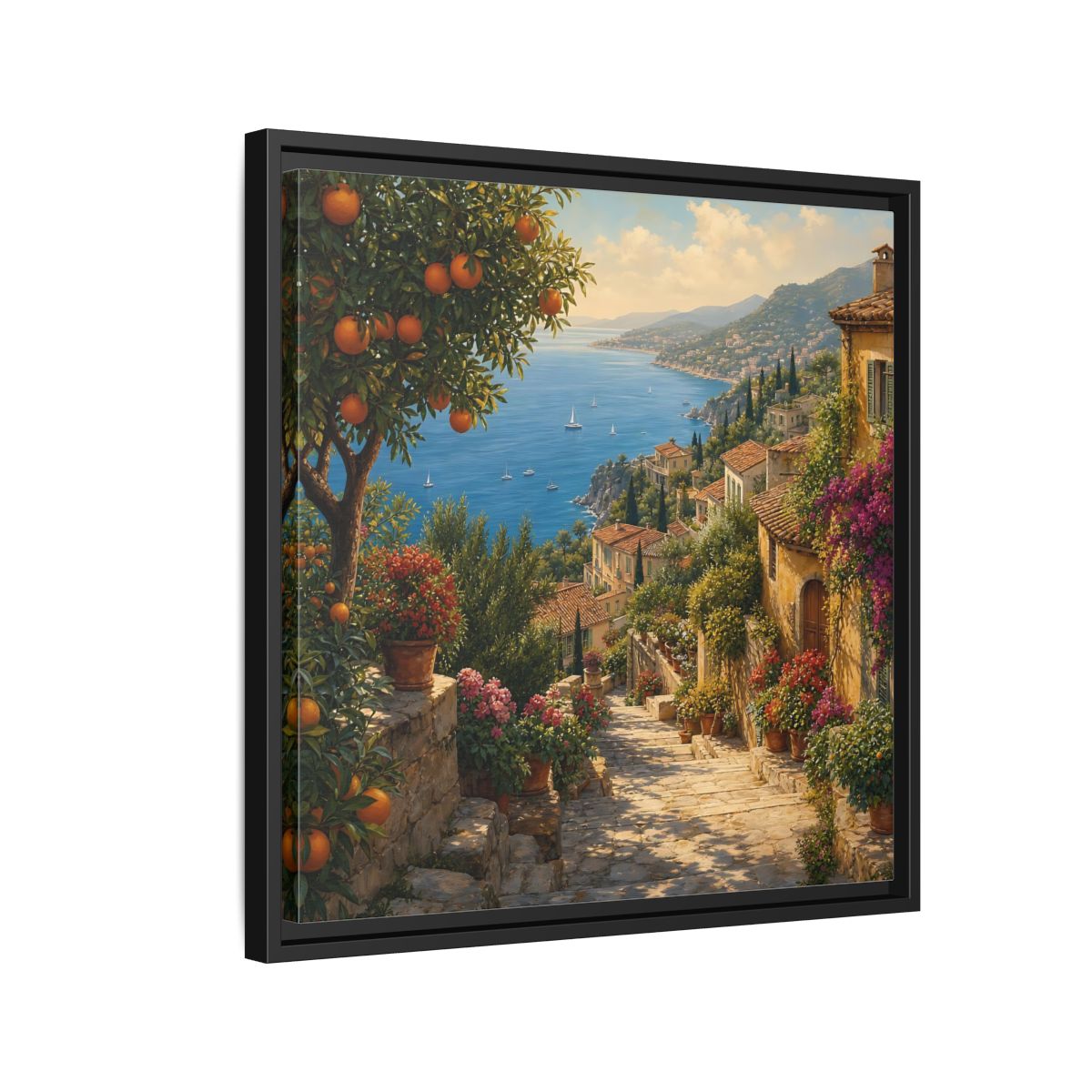 Side Mockup 12. Nature Mediterranean Village Vibrant Coastal Village shown as stretched canvas wall art