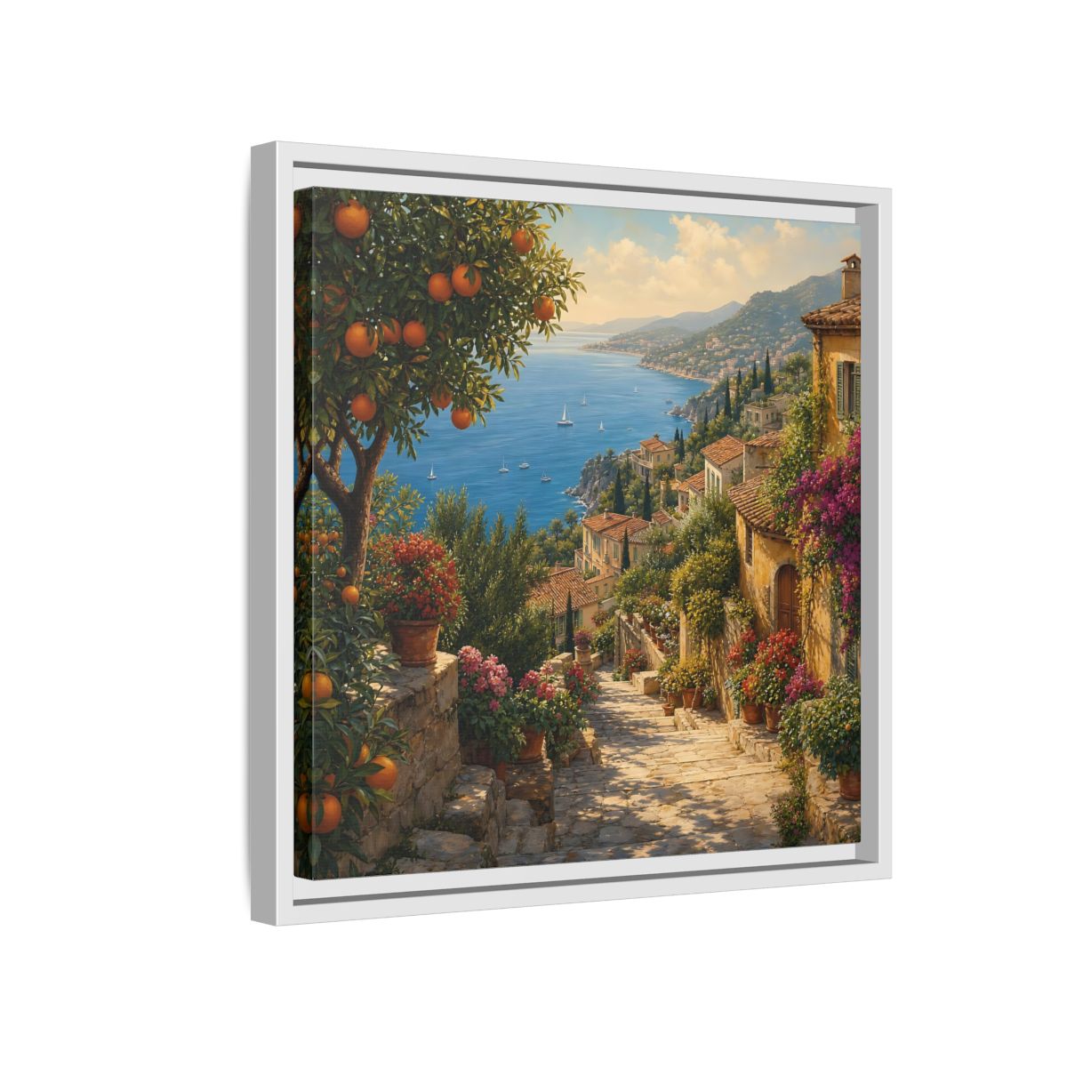Side Mockup 13. Nature Mediterranean Village Vibrant Coastal Village shown as stretched canvas wall art