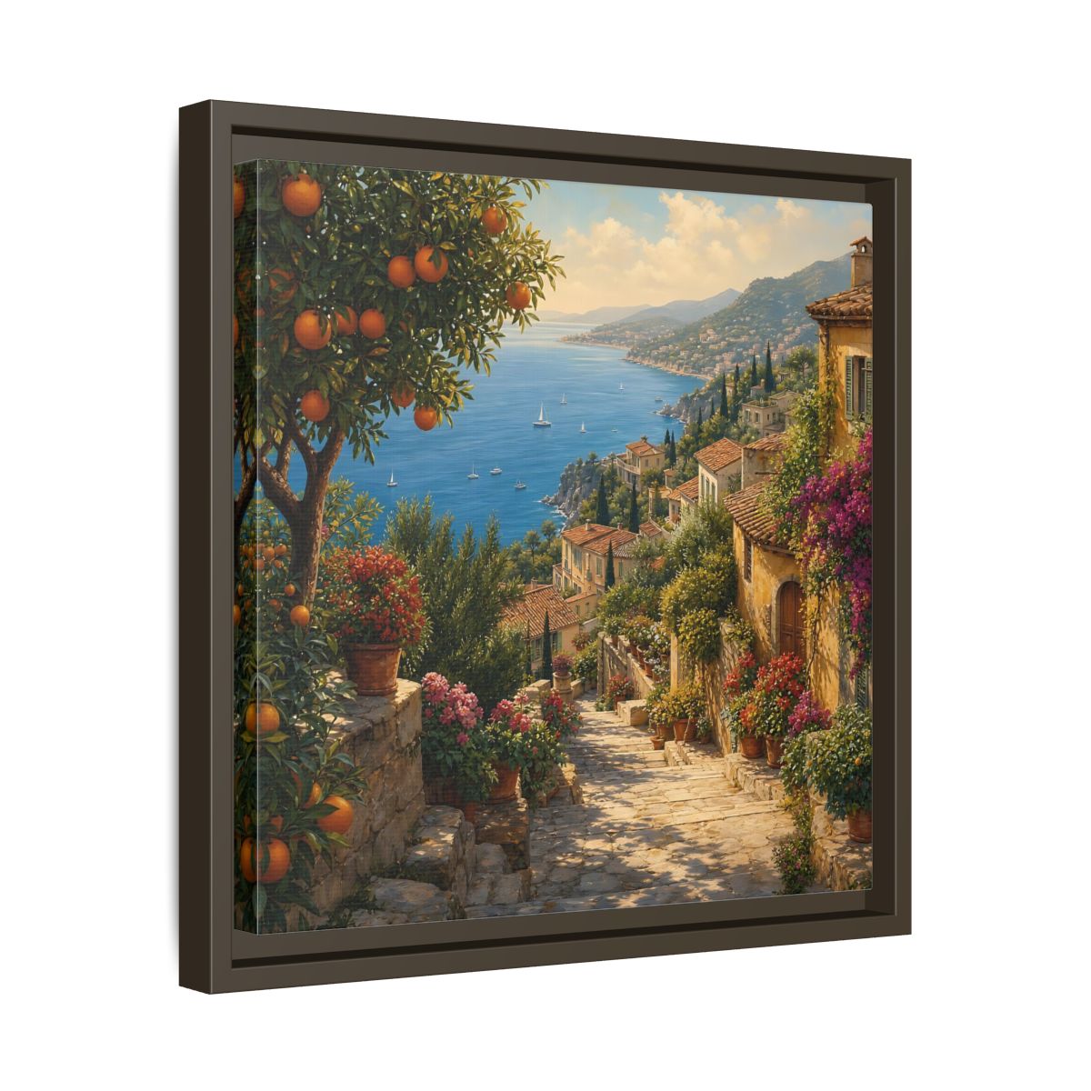 Side Mockup 29. Nature Mediterranean Village Vibrant Coastal Village shown as stretched canvas wall art