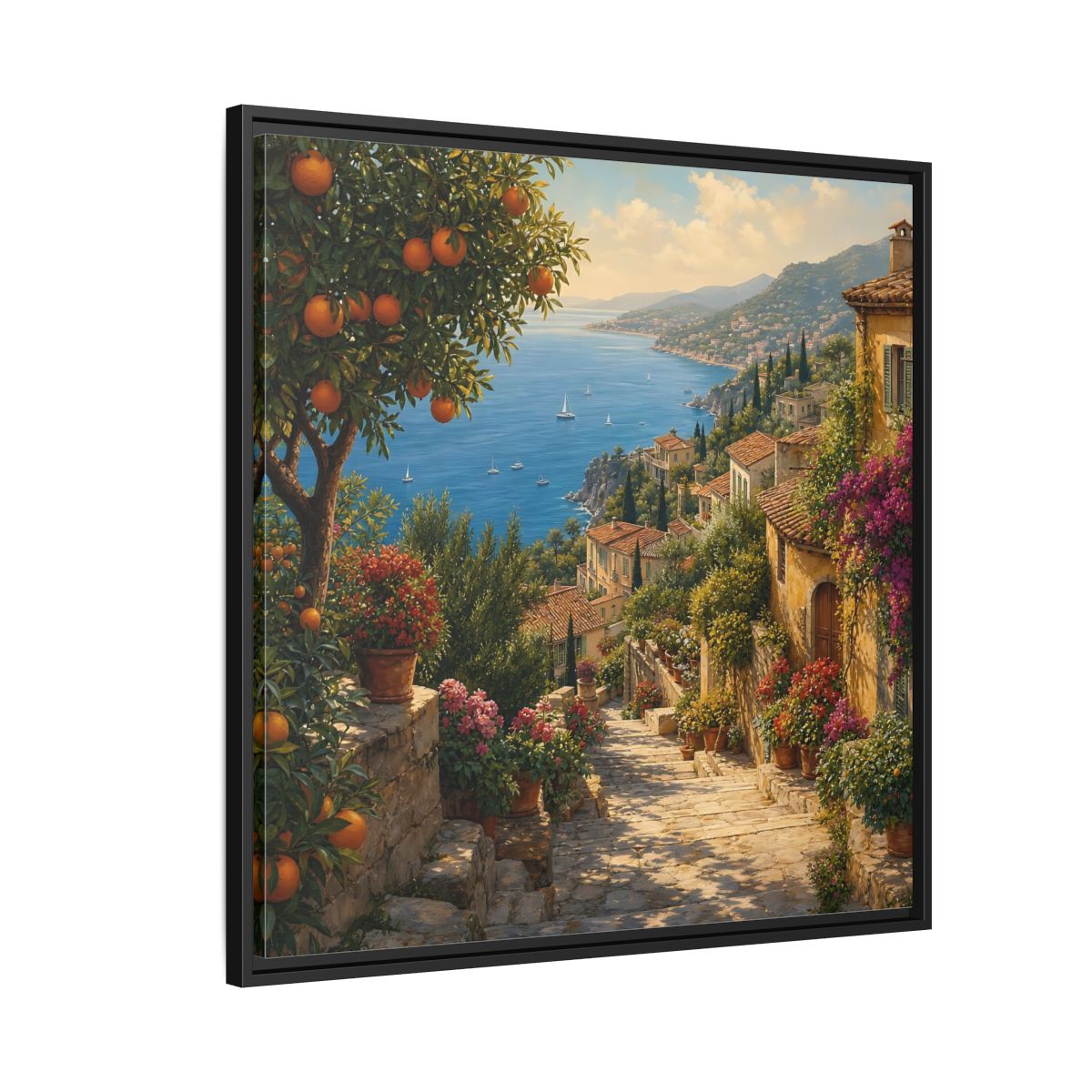 Side Mockup 9. Nature Mediterranean Village Vibrant Coastal Village shown as stretched canvas wall art